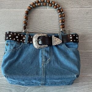 Denim and Brown Beaded Jean Handle HandBag